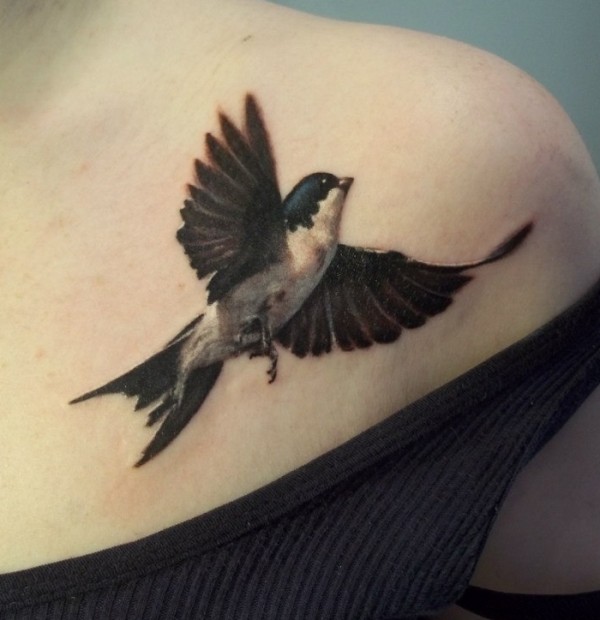 Black Flying Swallow Tattoo On Girl Shoulder