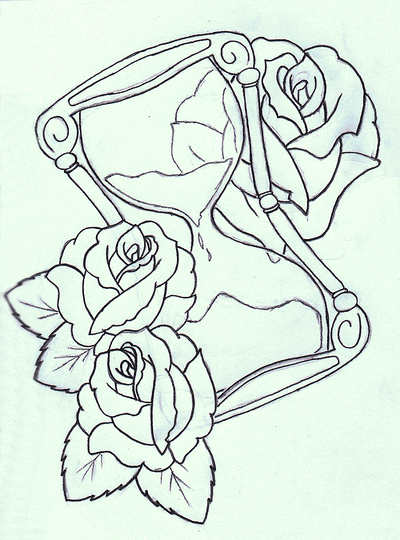 Black Hourglass With Roses Tattoo Stencil