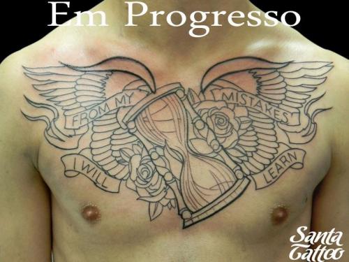 Black Hourglass With Wings Tattoo On Man Chest