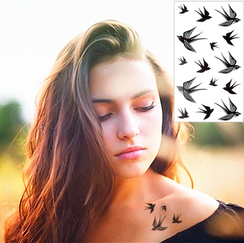 Black Little Flying Swallow Tattoo On Girl Front Shoulder