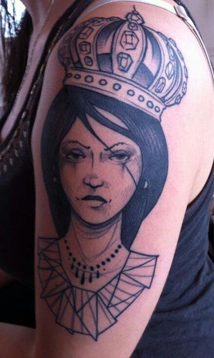Black Queen With Crown Tattoo On Girl Half Sleeve By Entouane