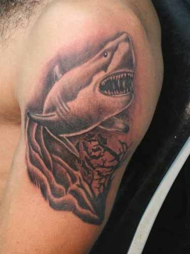 Black Shark In Ocean Tattoo On Man Left Half Sleeve