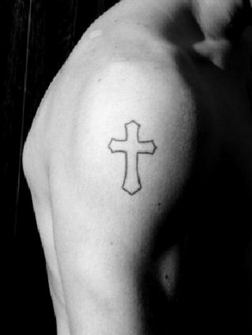 Black Simple Cross Tattoo On Man Right Half Sleeve