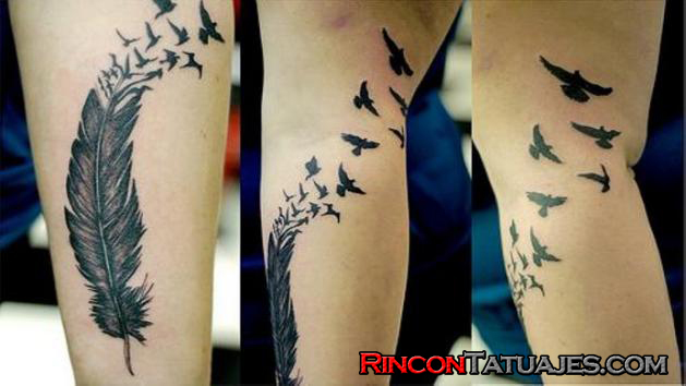Black Swallows Flying From Feather Tattoo On Arm