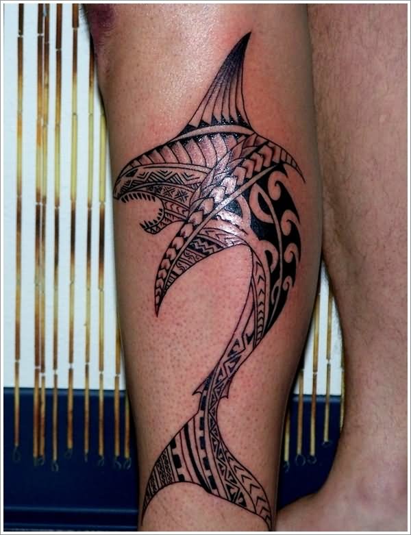 Black Tribal Ocean Shark Tattoo On Leg
