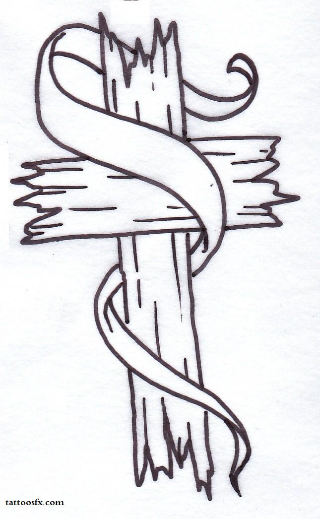 Black Wooden Cross With Ribbon Tattoo Stencil