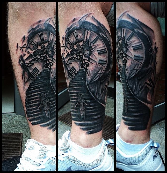 Black clock tattoo on leg by Salamandra