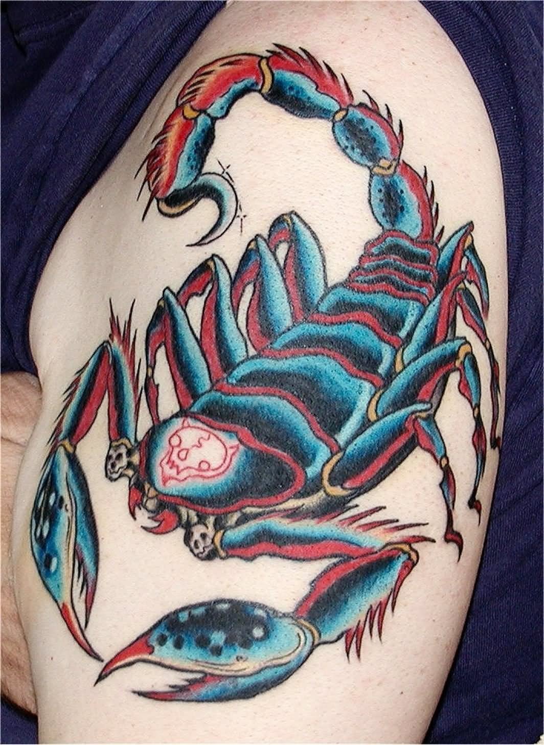 Blue And Red Ink Scorpion Tattoo On Left Half Sleeve