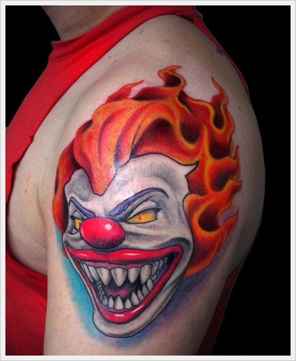 Colorful 3D Clown Tattoo On Left Shoulder