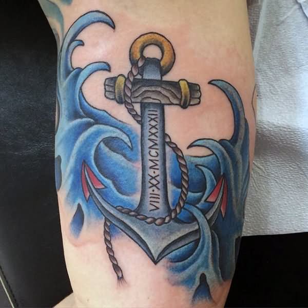 Colorful Anchor With Ocean Tattoo On Half Sleeve