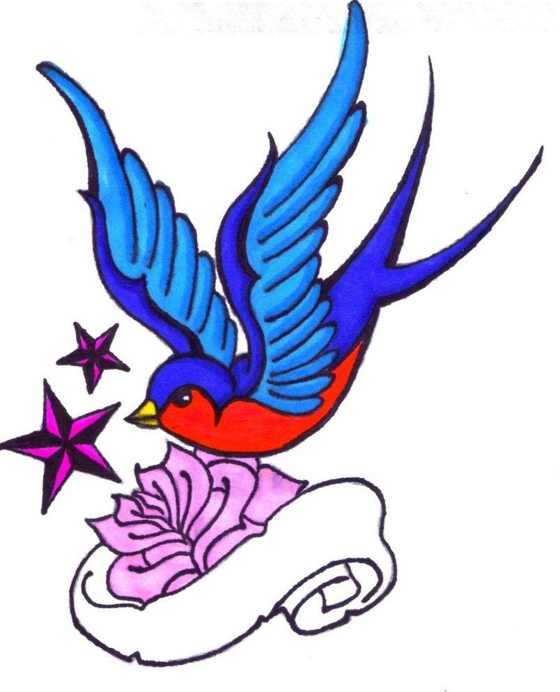 Colorful Barn Swallow With Rose And Star Tattoo Design By Renee Whtsername