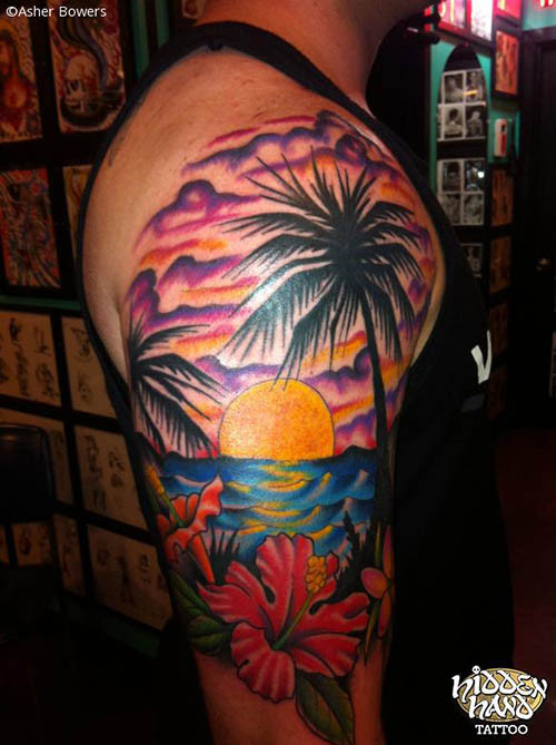 Colorful Beach Tattoo On Right Half Sleeve