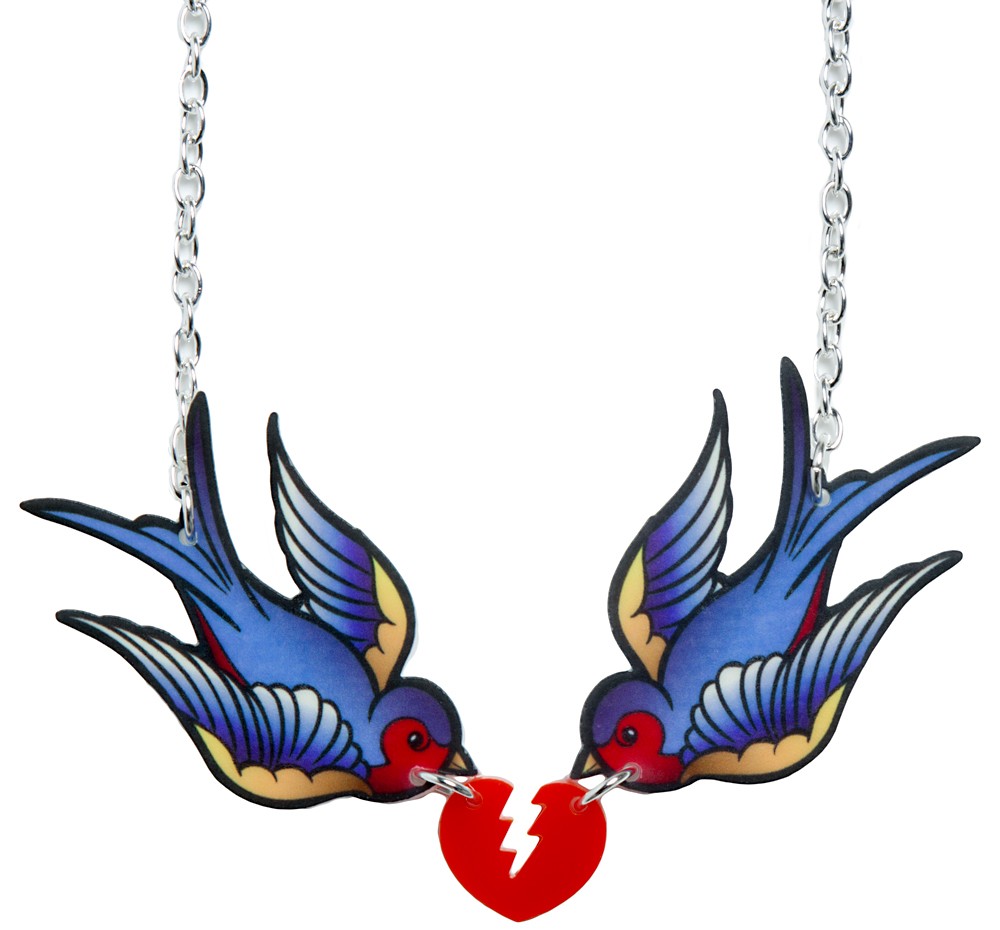Colorful Break Heart In Two Flying Swallows Beak Tattoo Design