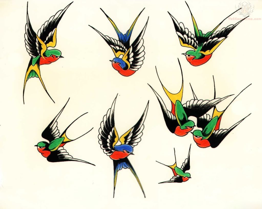 Colorful Flying Swallows Tattoo Design
