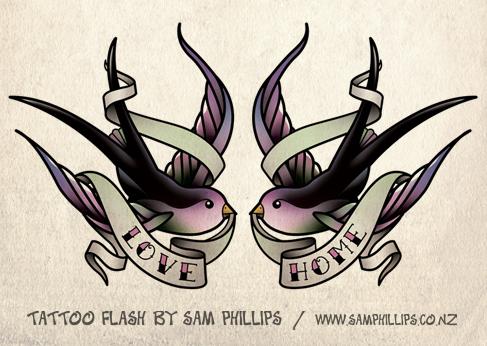 Colorful Flying Swallows With Banner Tattoo Design