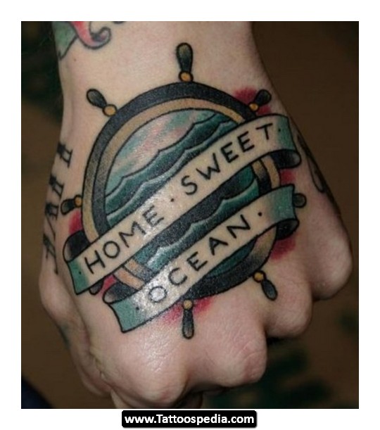 Colorful Home Sweet Ocean Tattoo On Hand