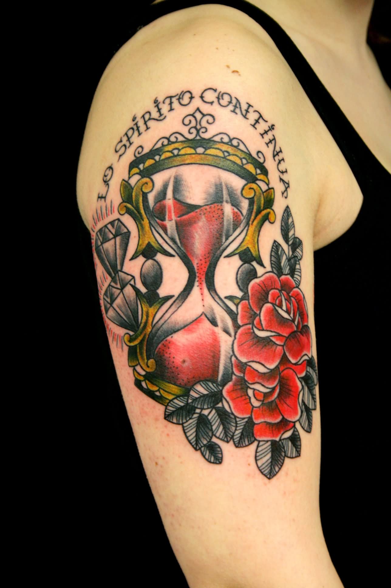 Colorful Hourglass With Roses Tattoo On Half Sleeve By Dap Skingdom