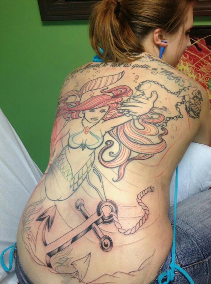 Colorful Mermaid And Anchor In Underwater Ocean Tattoo On Girl Full Back