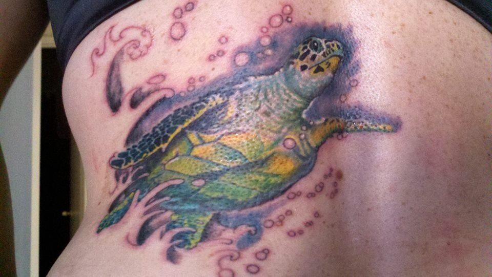 Colorful Ocean Turtle Tattoo On back
