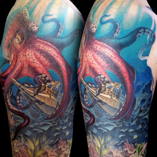 Colorful Octopus With Ship In Ocean Tattoo On Half Sleeve