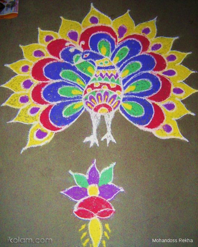 Colorful Peacock Rangoli Design Idea For Diwali