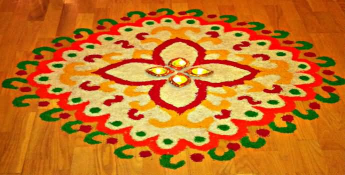 Colorful Rangoli Design With Diyas For Diwali
