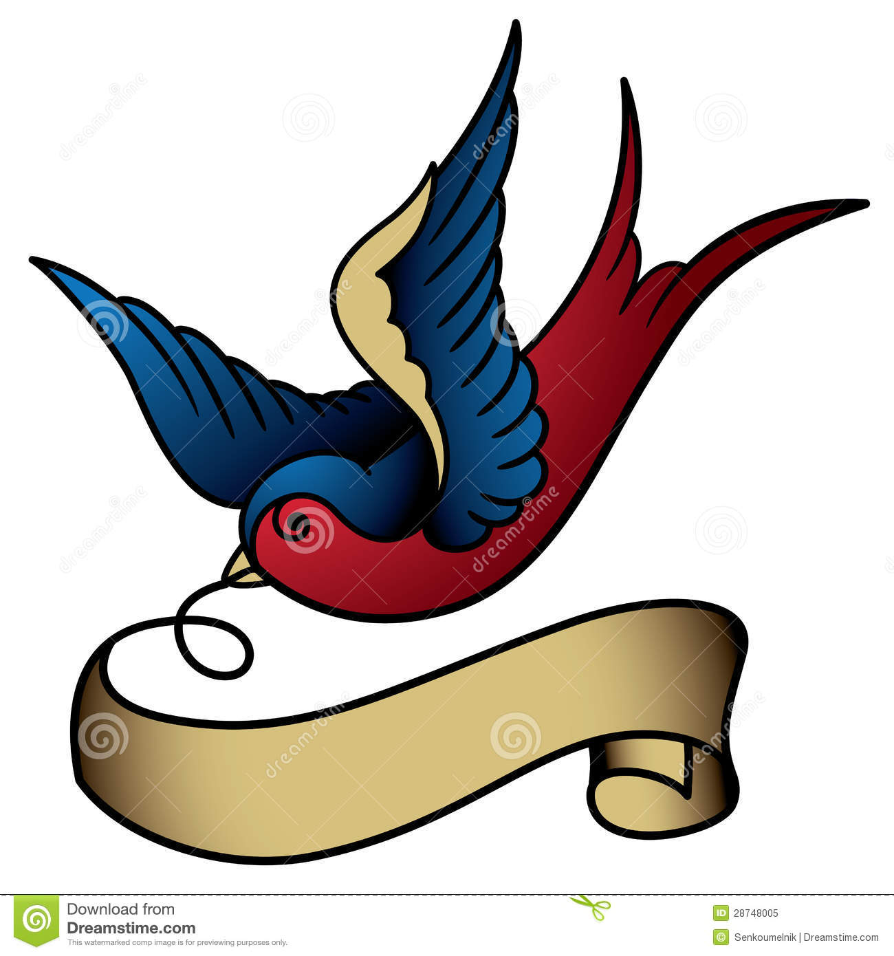 Colorful Ribbon In Beak Flying Swallow Tattoo Design