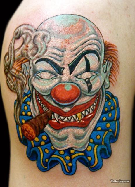 Colorful Smoking Clown Tattoo On Shoulder