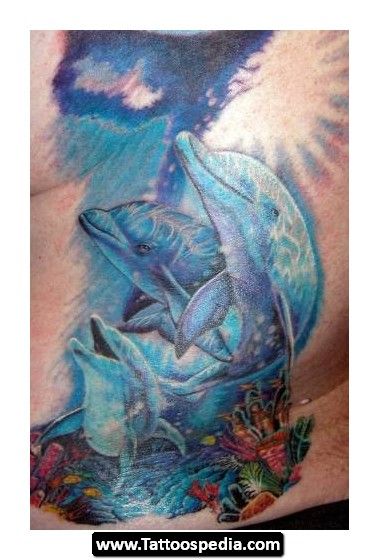 Colorful Three Dolphins In Ocean Tattoo Design