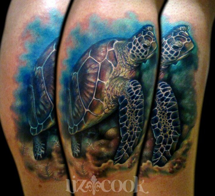 Colorful Turtle In Ocean Tattoo On Half Sleeve