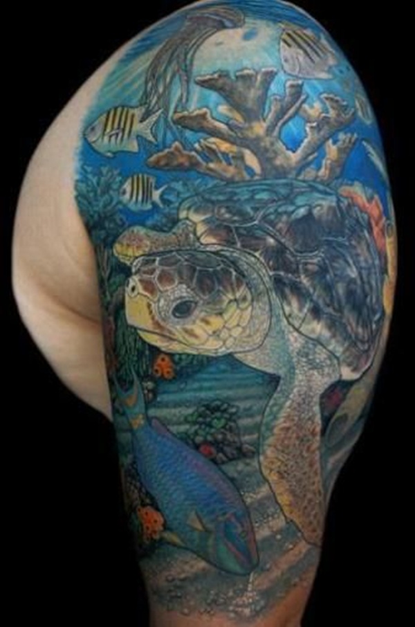 Colorful Turtle In Underwater Ocean Tattoo On Left Half Sleeve