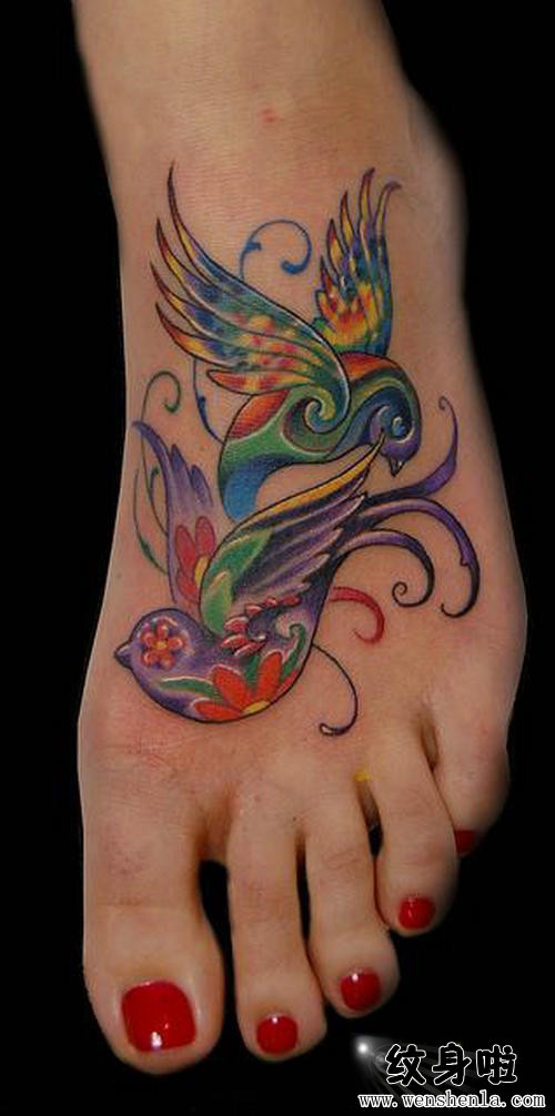 Colorful Two Flying Swallow Tattoo On Girl Foot By Jerry