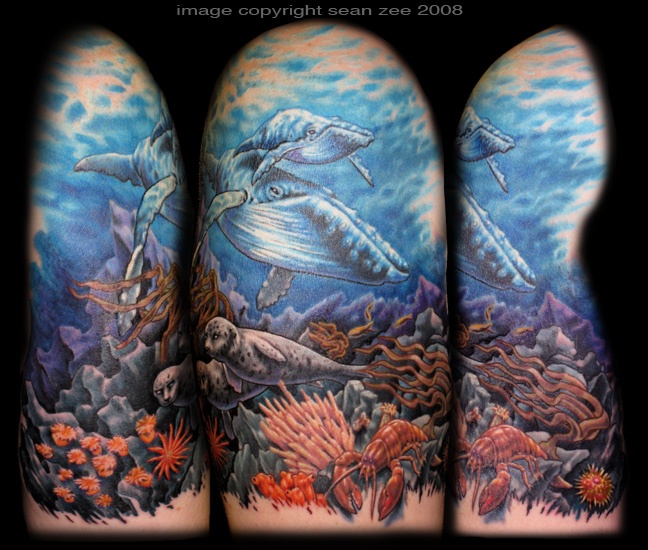 Colorful Whale In Underwater Ocean Tattoo On Half Sleeve