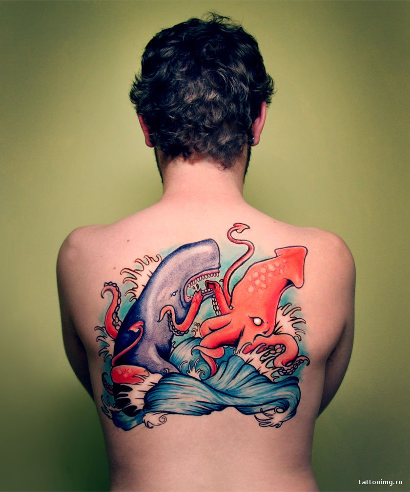 Colorful whale And Squid In Ocean Tattoo On Man Upper Back