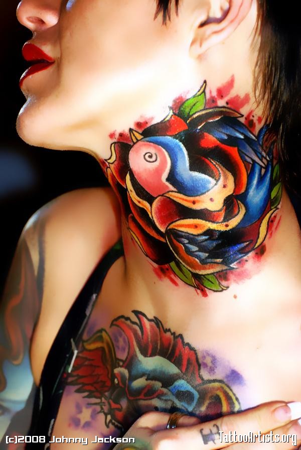 Cool Watercolor Swallow Tattoo On Girl neck