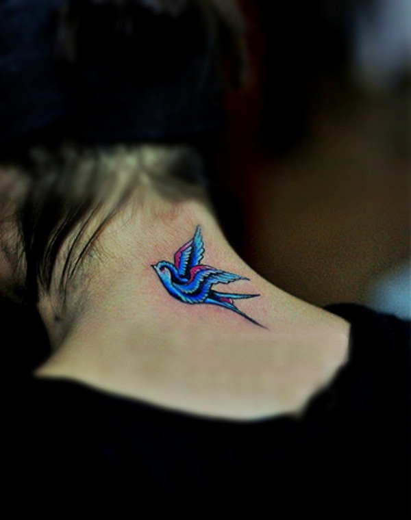 Cute Colorful Swallow Tattoo On Back Neck By Ernestine