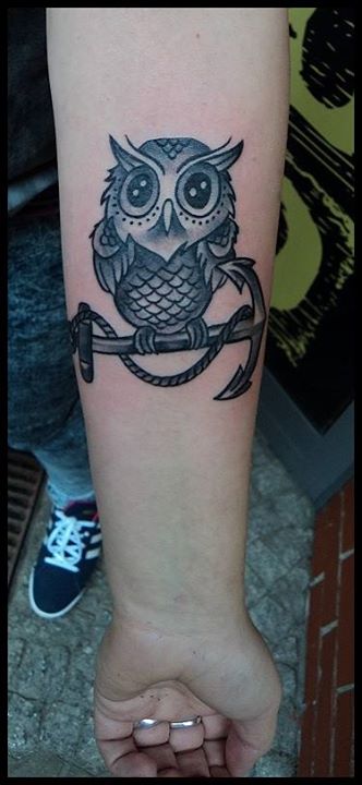 Cute Owl Tattoo On Forearm by Salamandra