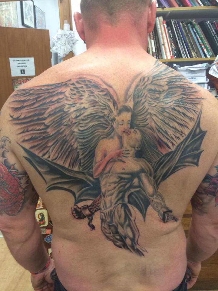 Devil And Angel Tattoo On Back For Men