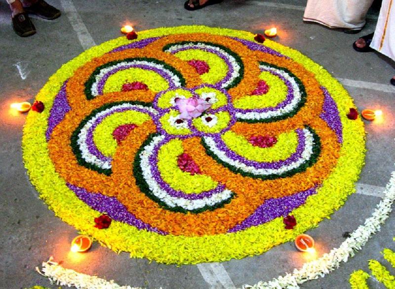Diwali Flowers Rangoli Picture With Diyas