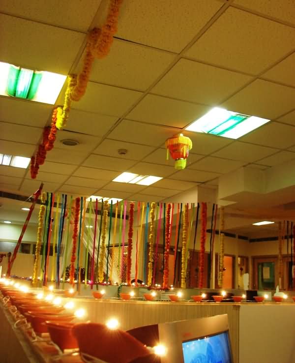 Diyas And Flower Diwali Decoration Idea For Office