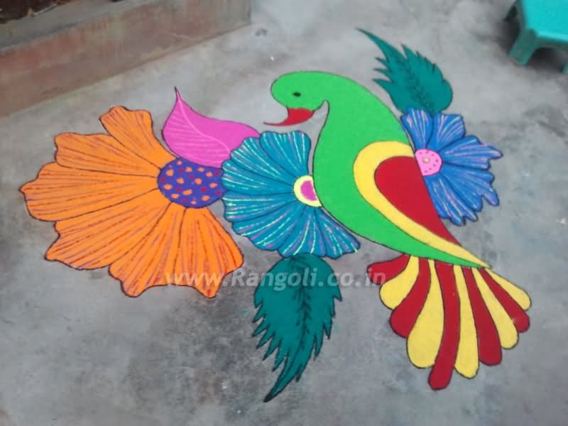 Flower And Parrot Rangoli Design Idea For Diwali