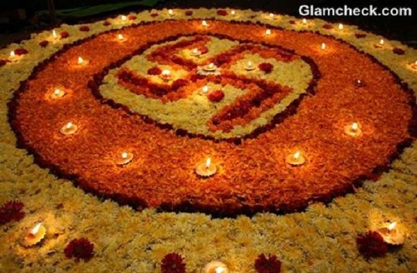 Flower Rangoli Designs With Diyas For Diwali Picture