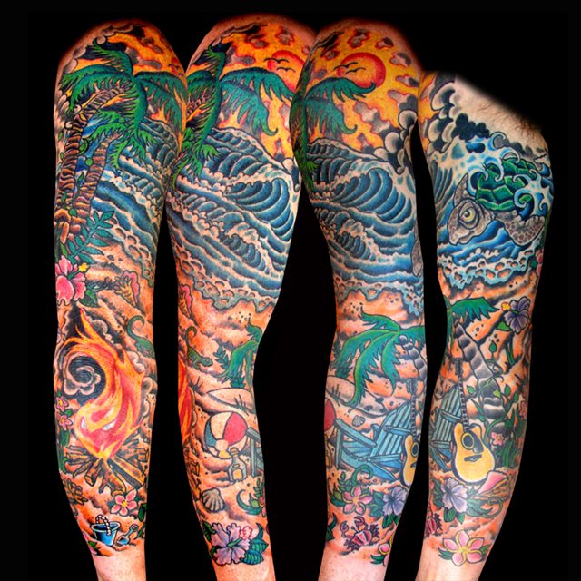 Full Sleeve Beach Tattoo Design by Mark Longenecker