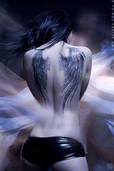 Grey Angel Wings Tattoo On Back