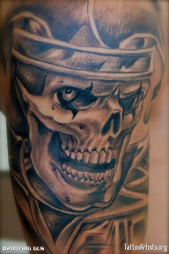 Grey Gangster Clown Skull Tattoo Design