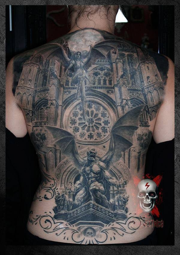 Grey Gargoyle Tattoos On Full Back Body
