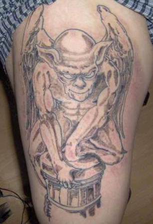 Grey Ink Gargoyle Tattoo On Left Leg