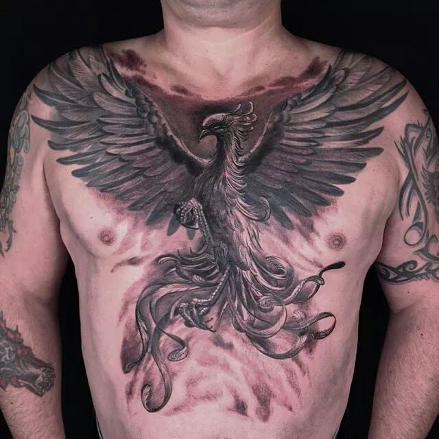 Grey Ink Phoenix Tattoo On Chest For Men