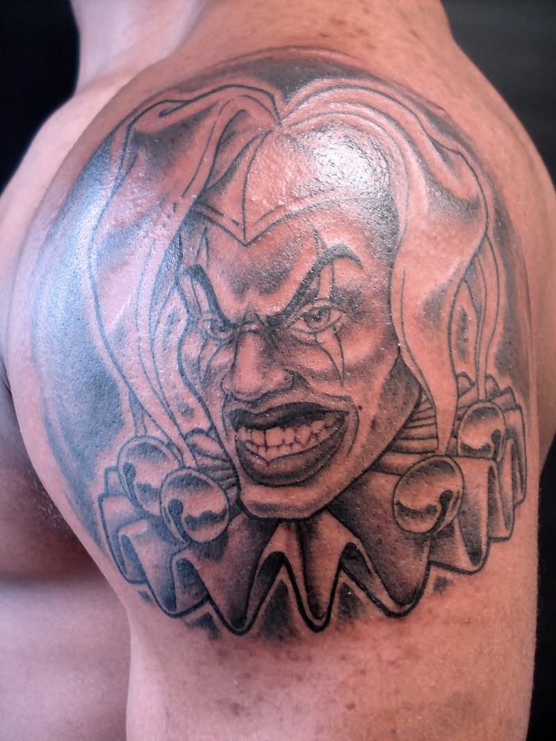 Grey Joker Gangster Clown Tattoo On Shoulder For Men