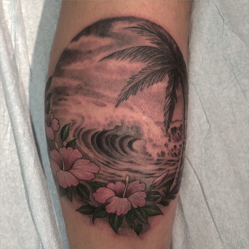 Hibiscus Flowers And Beach Tattoo Design by Chris Garver